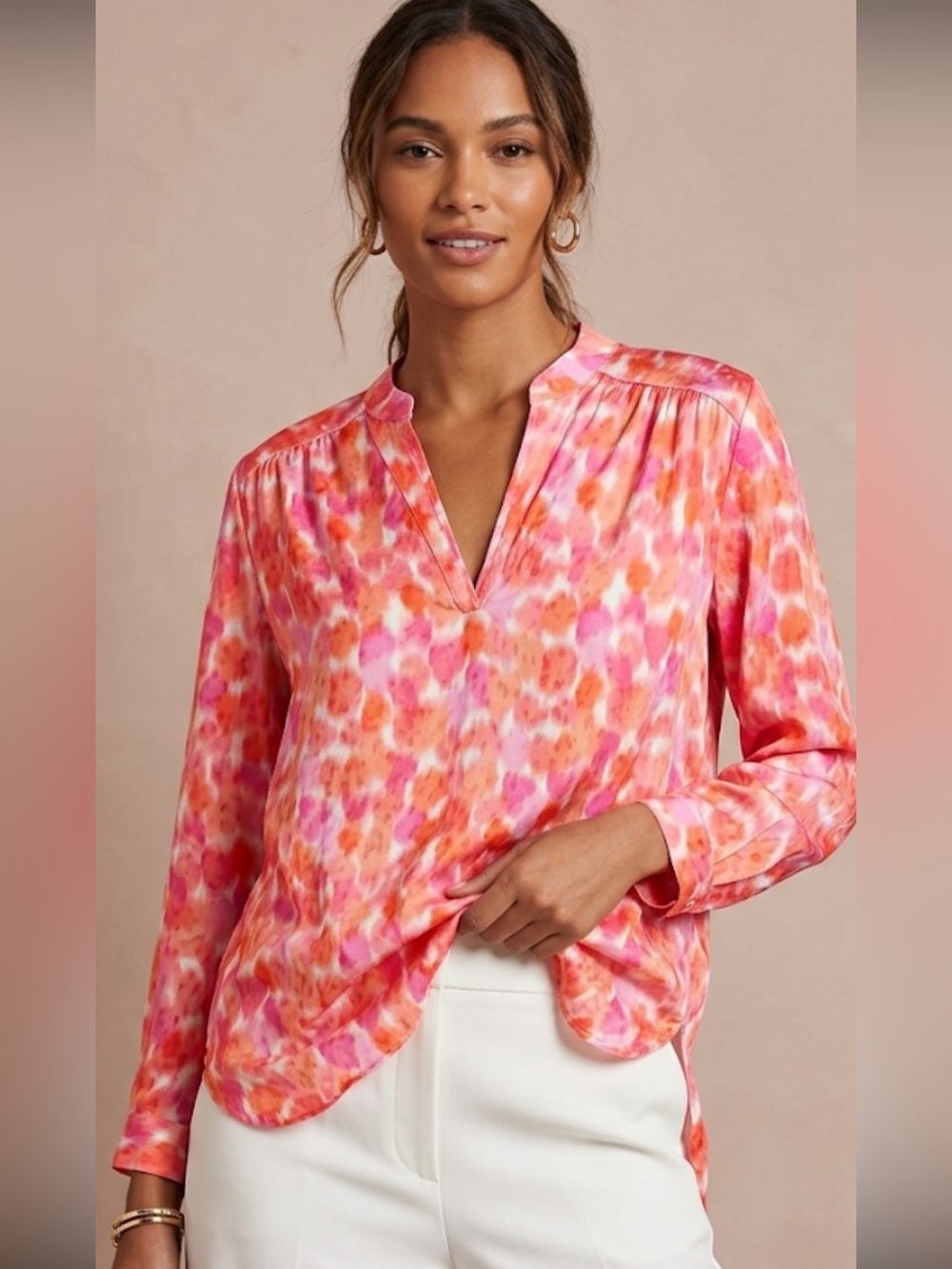 Amanda Uprichard Pink & Orange Watercolor V-Neck Blouse